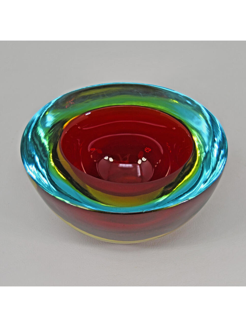 Vintage Murano Sommerso Red Sky Blue Gold Globe Geode Art Glass Bowl 5" MCM